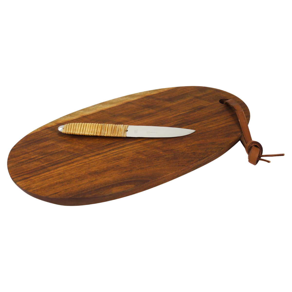 Carl Aubock Big Cutting Board with Amboss Knife, Wicker Handle, Walnut, Leather