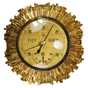 Station météo murale Lufft Sunburst en laiton doré, baromètre et thermomètre, années 1950