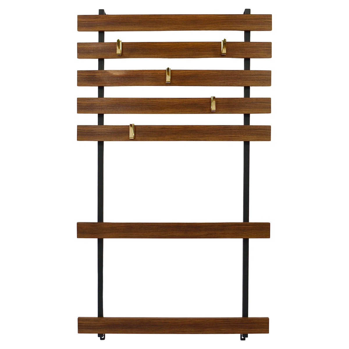 Carl Aubock Wall Coat Rack with 5 Brass Hooks, Walnut, Iron, Austria, 1950s