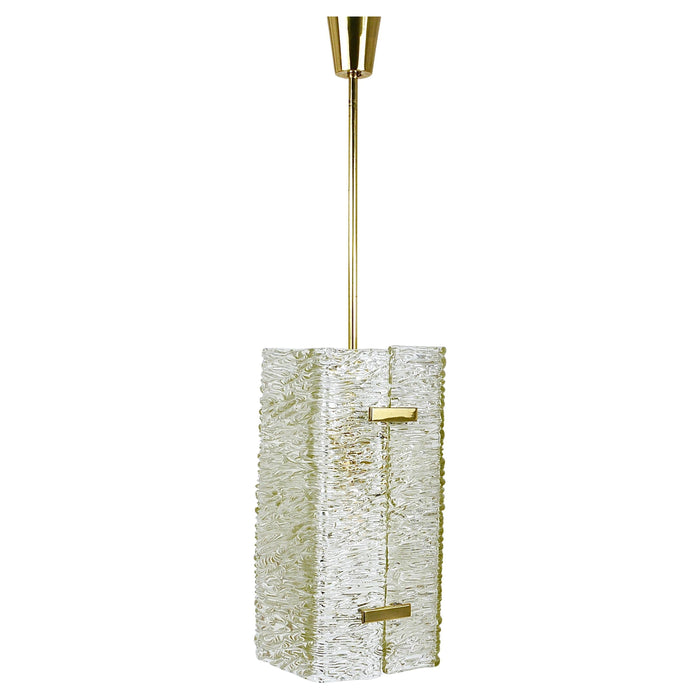 J.T. Kalmar Rectangular Textured Glass & Brass Chandelier, Pendant Lamp, 1950s