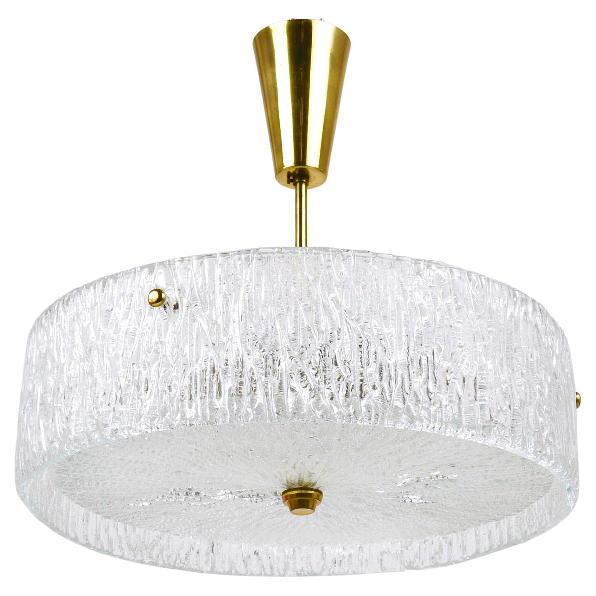 Lustre / suspension J.T. Kalmar ronde en laiton et verre texturé, années 1950