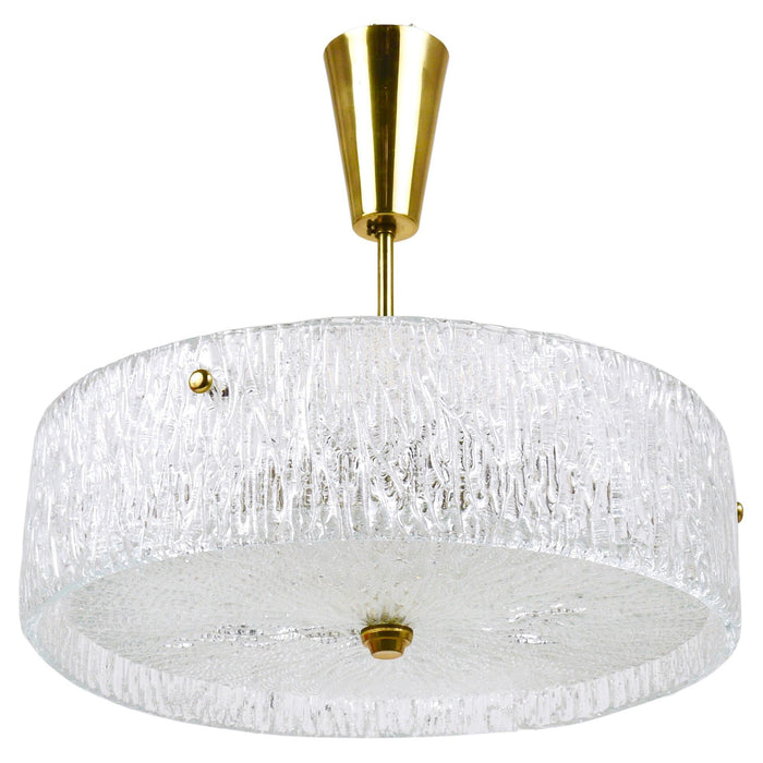 J.T. Kalmar Round Textured Glass Ring & Brass Chandelier, Pendant Lamp, 1950s