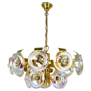 Grand lustre en laiton Oscar Torlasco, anneaux de verre optique arc-en-ciel, Italie, années 1970
