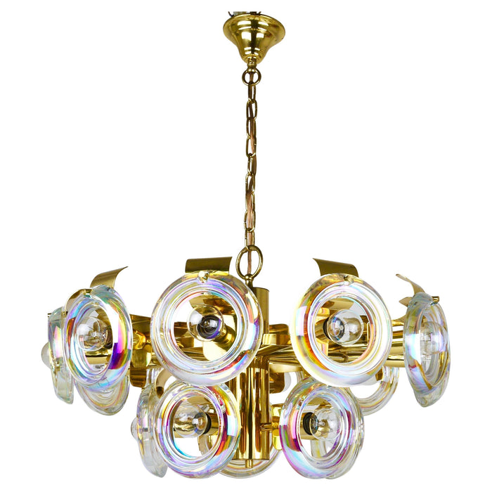 Oscar Torlasco Large Brass Chandelier, Optical Rainbow Glass Rings, Italy, 1970s