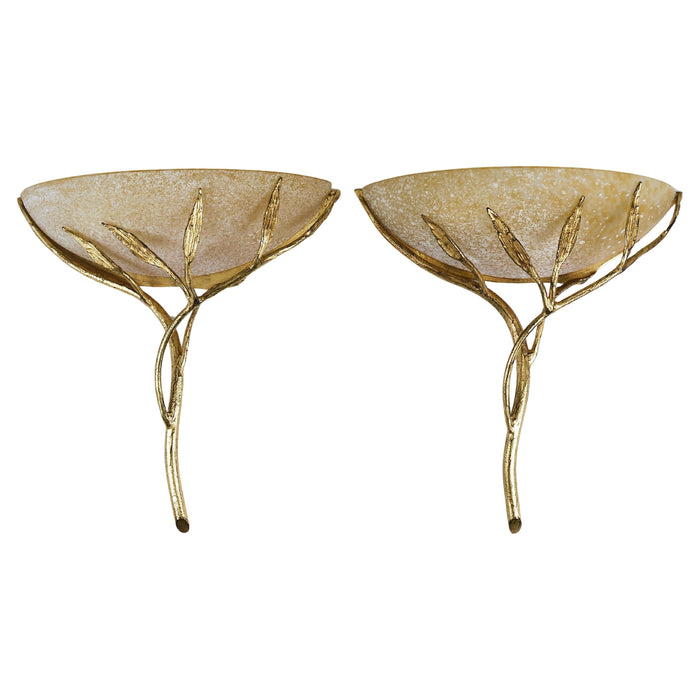 Banci Firenze Gilt Iron & Scavo Glass Floral Sconces, Wall lights, Italy, 1970s