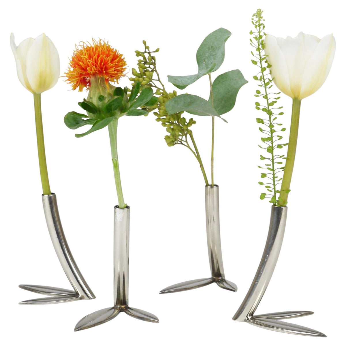 Werkstätte Hagenauer Up to 6 Soliflore Leaf Vases, Brass & Nickel, Vienna, 1960s
