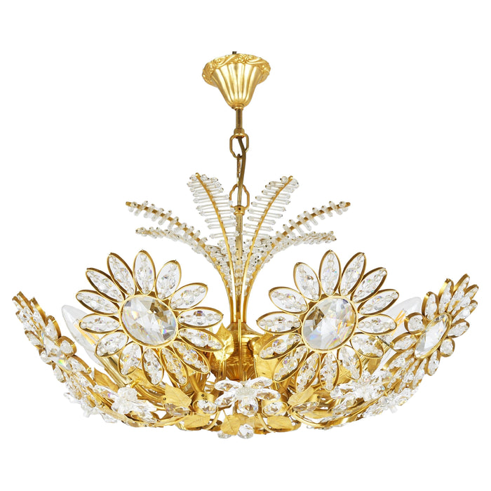 Ernst Palme Large Palwa Flower Palm Tree Chandelier, Gilt Brass, Crystals, 1970s