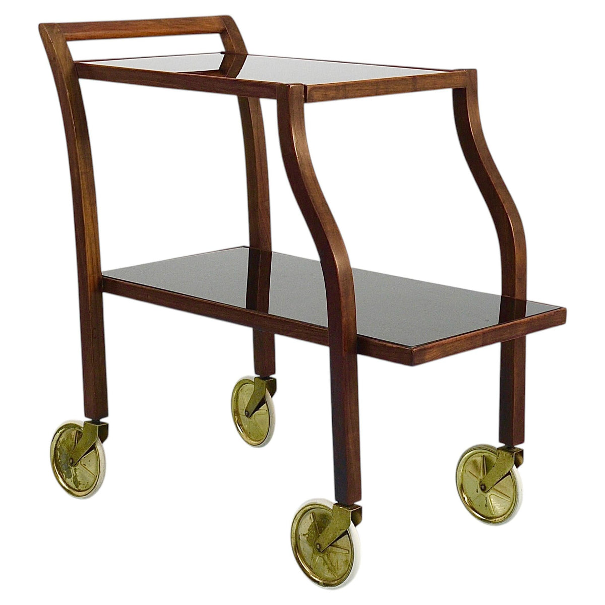 Chariot bar en noyer et verre incurvés d'Oswald Haerdtl