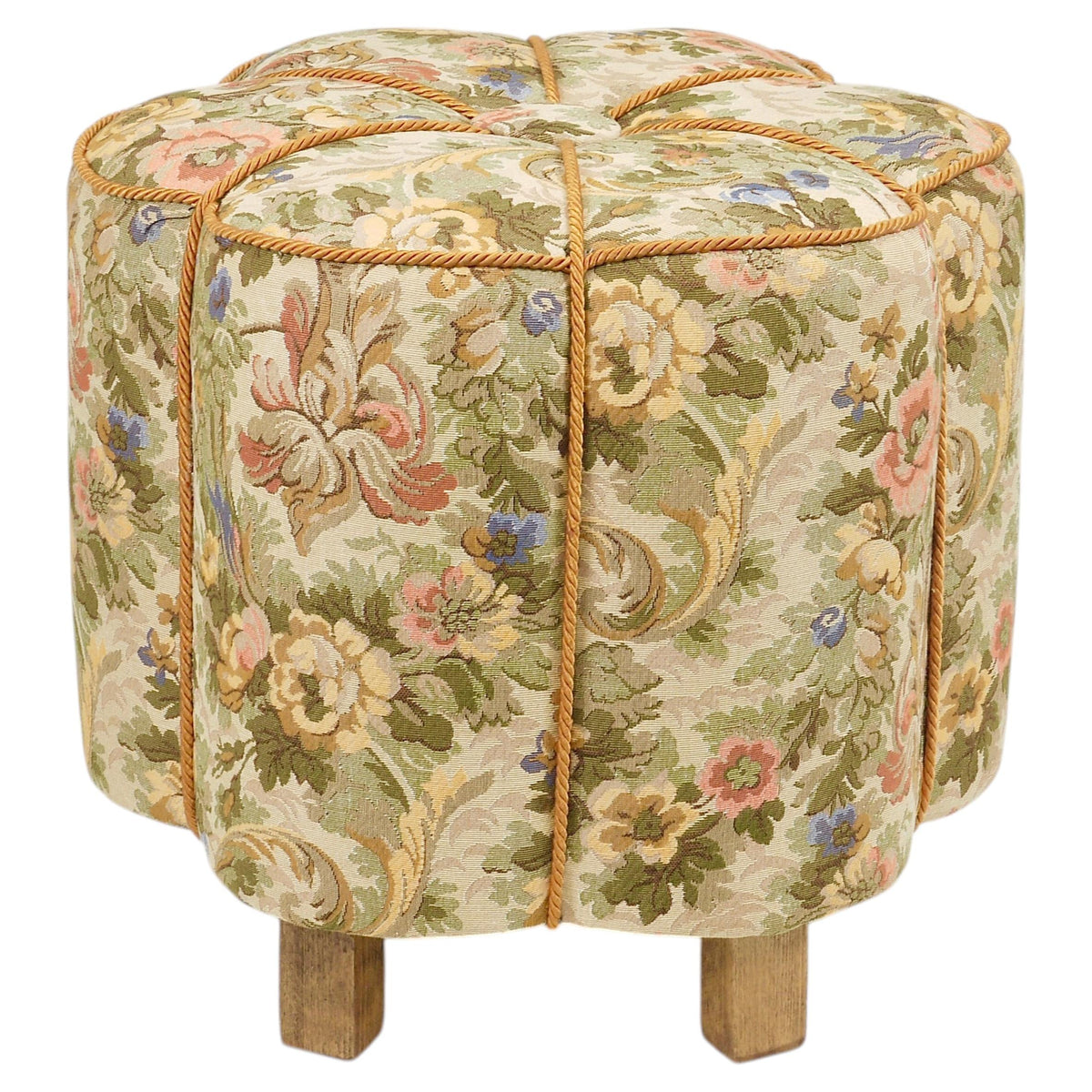 Art déco Hocker mit floralem Tapisserie-Stoff, Tabouret, Pouf, Ottoman, Wien, Österreich, 1930er-Jahre