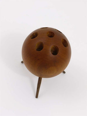 Carl Aubock Ball Tripod Candlestick Walnut Candle Holder, Austria 1950s